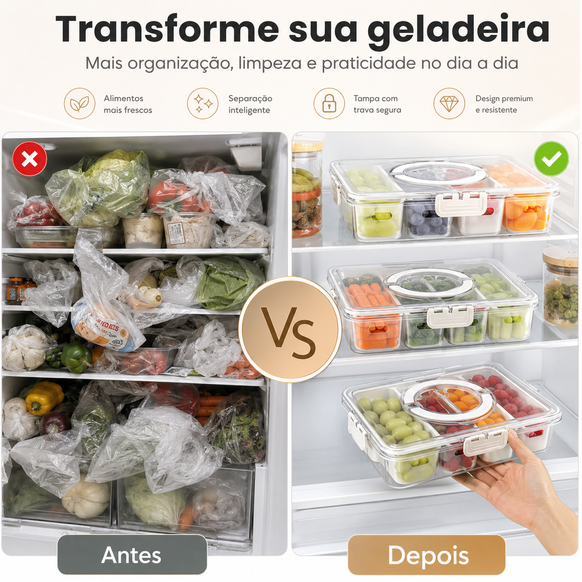 Organizador Hermético de Geladeira com 4 Divisórias antes e depois
