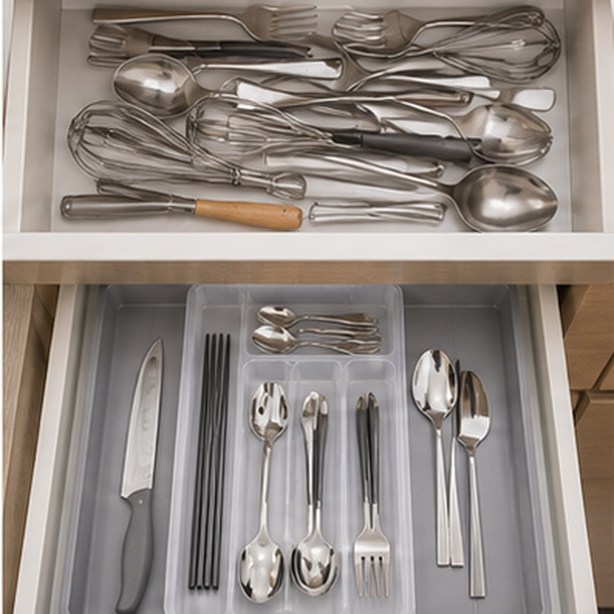 Organizador de Talheres Extensível antes e depois